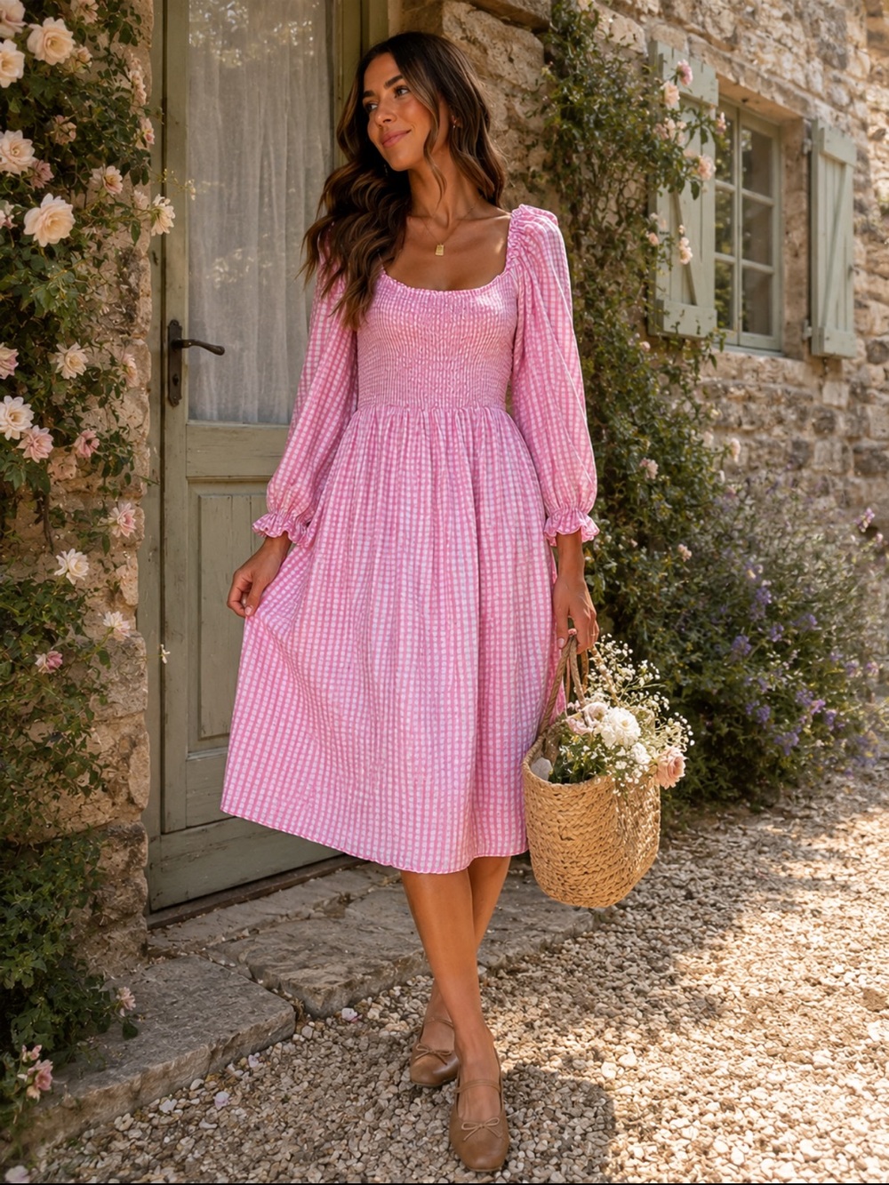 ASOS New Look Pink White Gingham Smocked Midi Dress Size 14